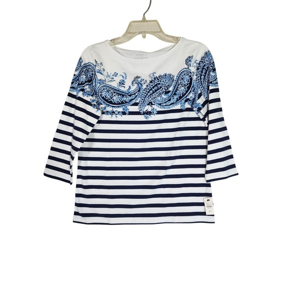 Talbots Tops - Talbots NWT Petite Medium Navy White Striped Paisley Top Resort Coastal Nautical
